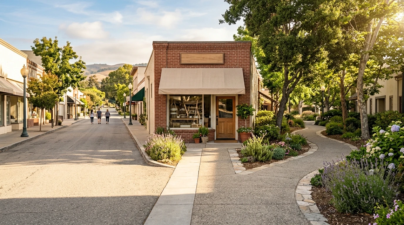 A small-town main street with a storefront at the end of the road: a short concrete walkway leads straight to the shop door while a longer winding path curves through gardens to reach the same shop