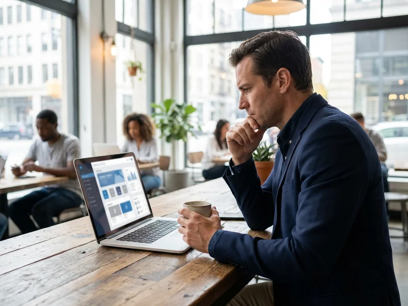 Business professional researching accountant or consultant services on laptop, representing modern client research behavior