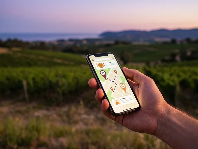 Person holding smartphone searching for local restaurants at dusk in wine country