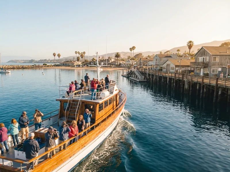 Whale watching tour boat departing from Avila Beach harbor on a sunny morning