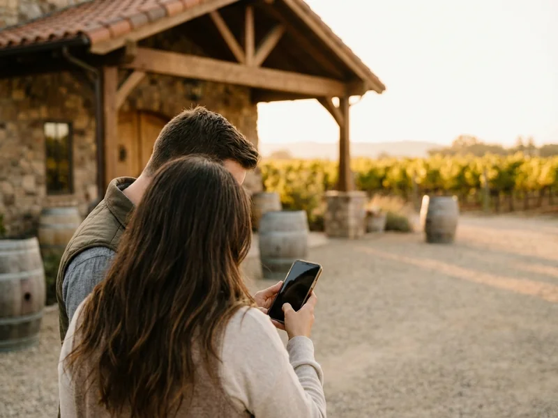 Couple looking at phone while planning wine tour outside Paso Robles tasting room