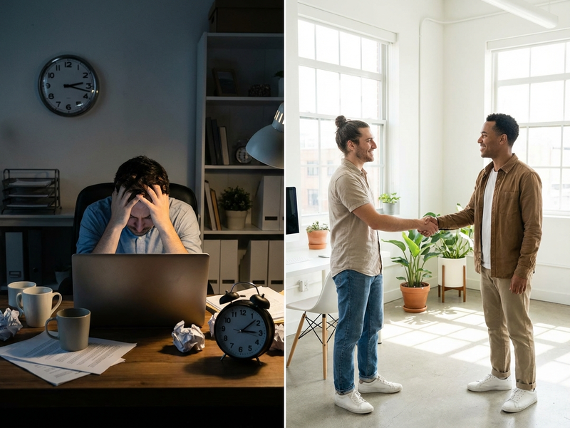 Comparison of DIY website building late at night versus professional web design service during business hours