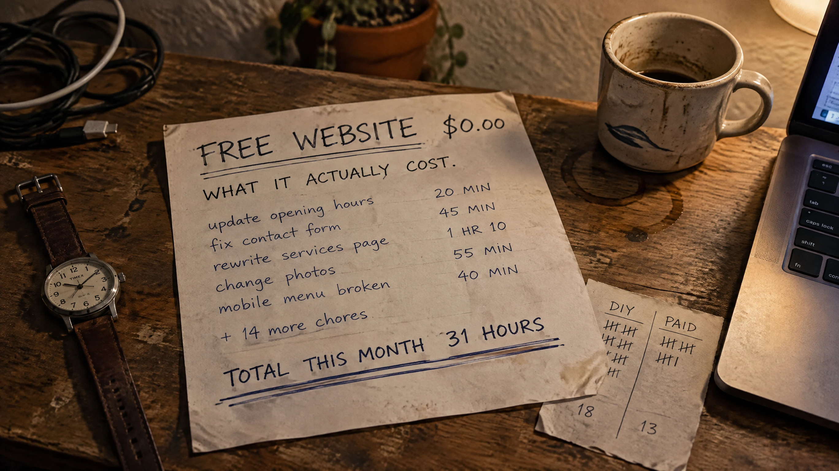 Handwritten bill reading FREE WEBSITE $0.00 beside a two-column DIY versus PAID tally of website chores, totaling 31 hours in a month