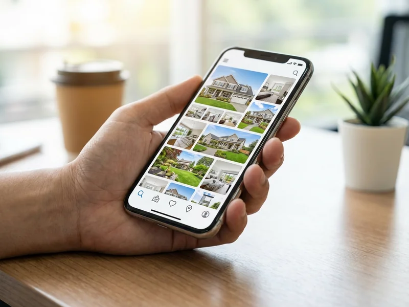 Smartphone displaying real estate website with property listings for mobile home searching