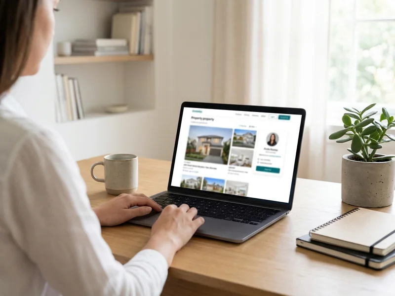 Person researching and reviewing real estate agent profile and website online before making contact