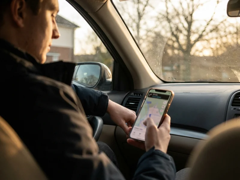 Person using smartphone to search for local hair salon, sitting in car