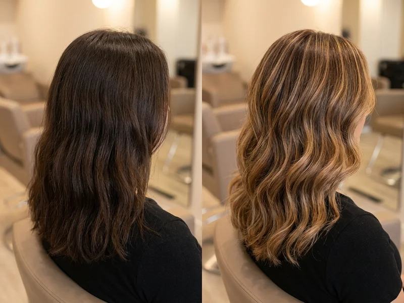 Before and after hair color transformation showing balayage technique