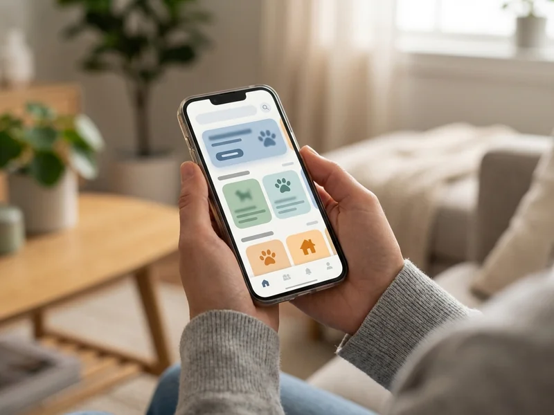 Person using smartphone to search for pet services, looking for local groomers and veterinarians