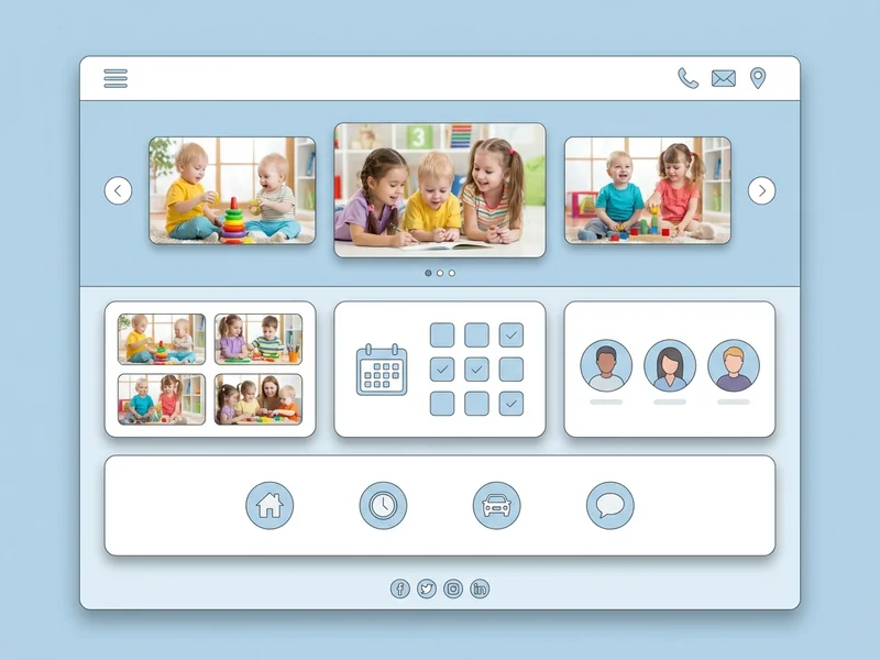 Modern childcare website interface showing essential sections including photos, contact information, scheduling, and staff profiles