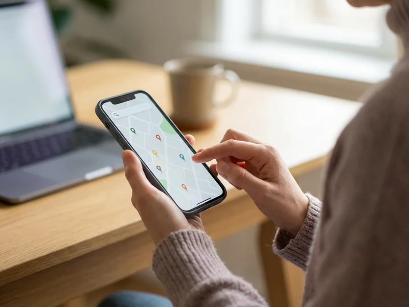 Parent using smartphone to search for local childcare services with map and location interface