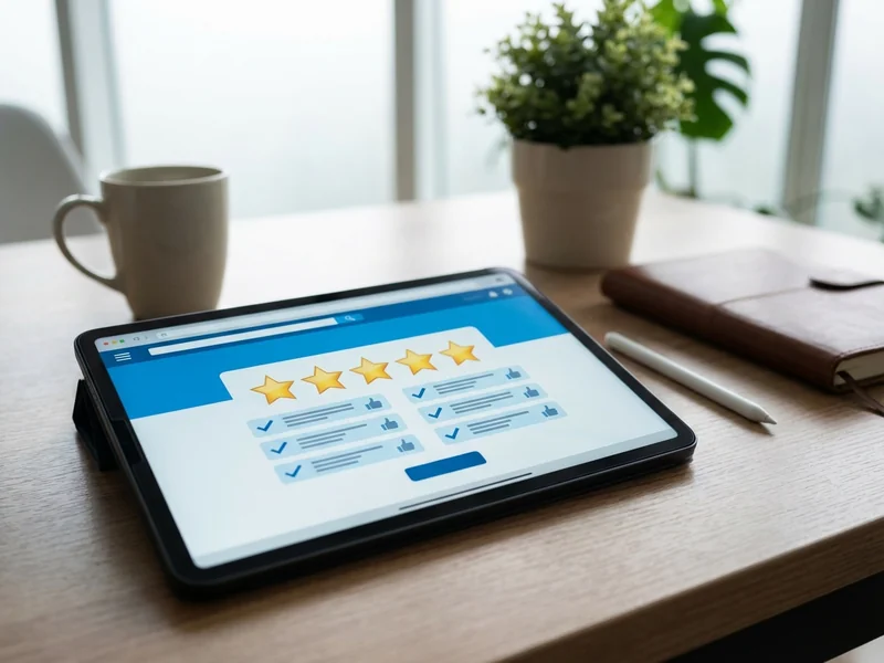 Laptop displaying webpage with star ratings and review indicators showing online trust elements