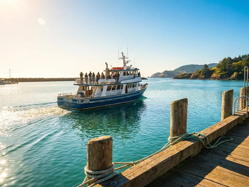 Whale watching tour boat departing from Avila Beach harbor with passengers on deck