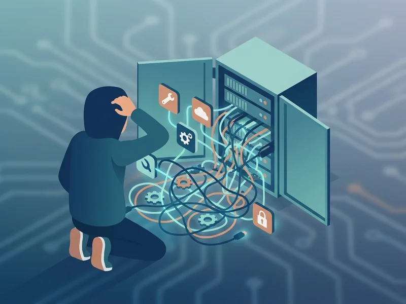 Tangled cables and confusing instructions representing DIY website maintenance complexity