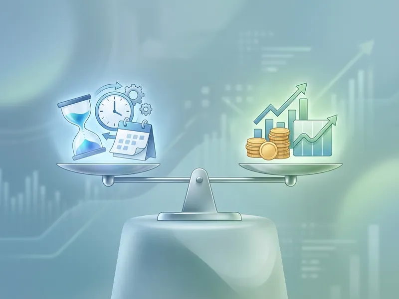 Clock and dollar sign balanced on scale, representing the time versus money trade-off in website decisions