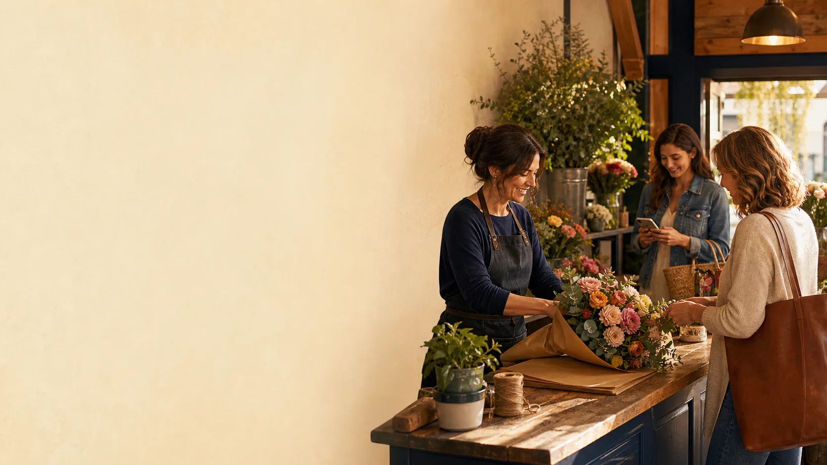A person standing outside a small storefront