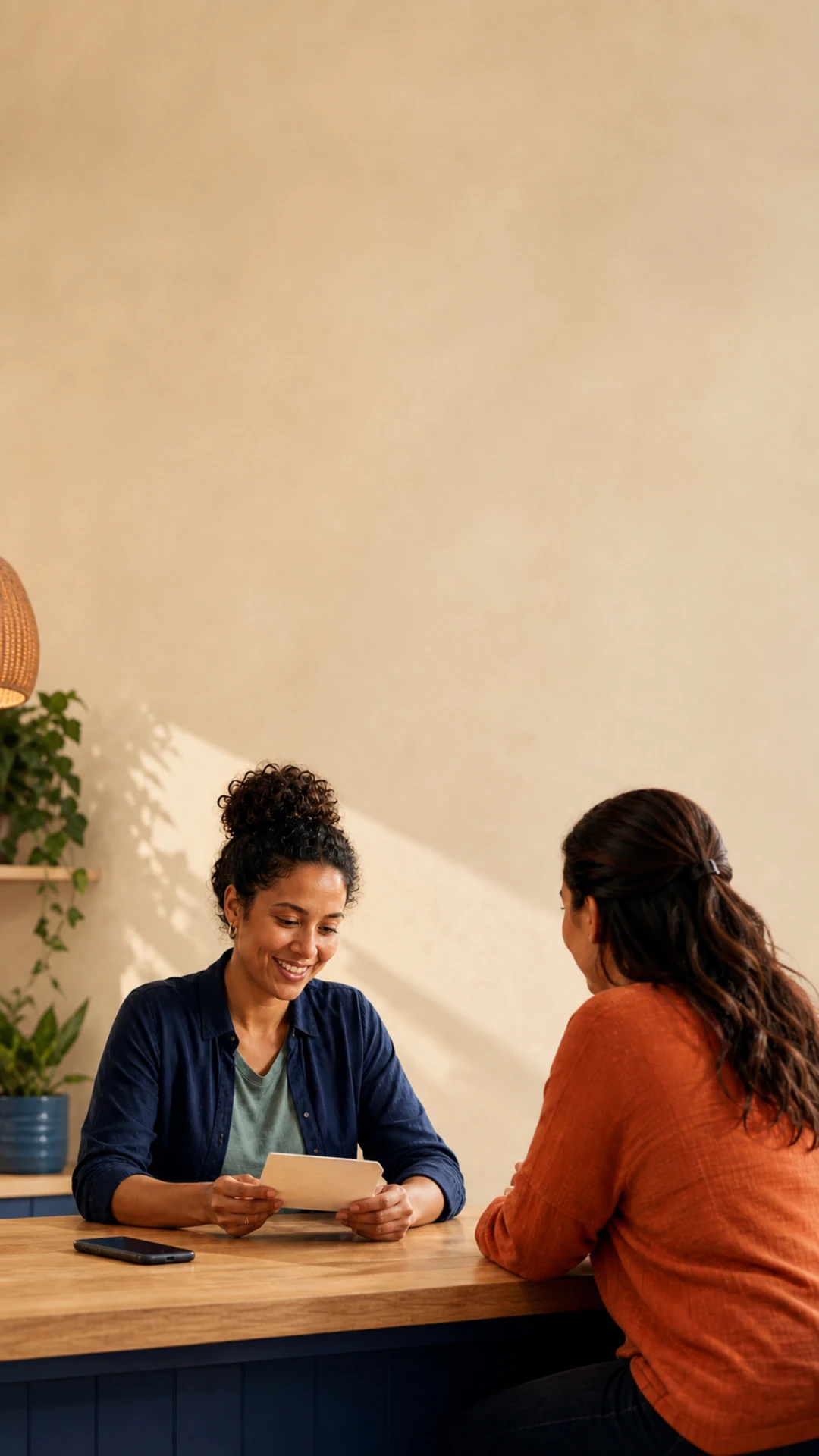 A diverse local business owner happily helping a client at a warm service counter