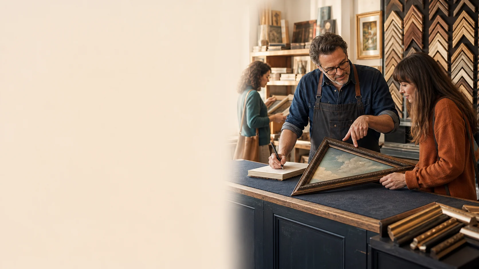A small business owner sorting unusual website pieces into a clear custom work plan