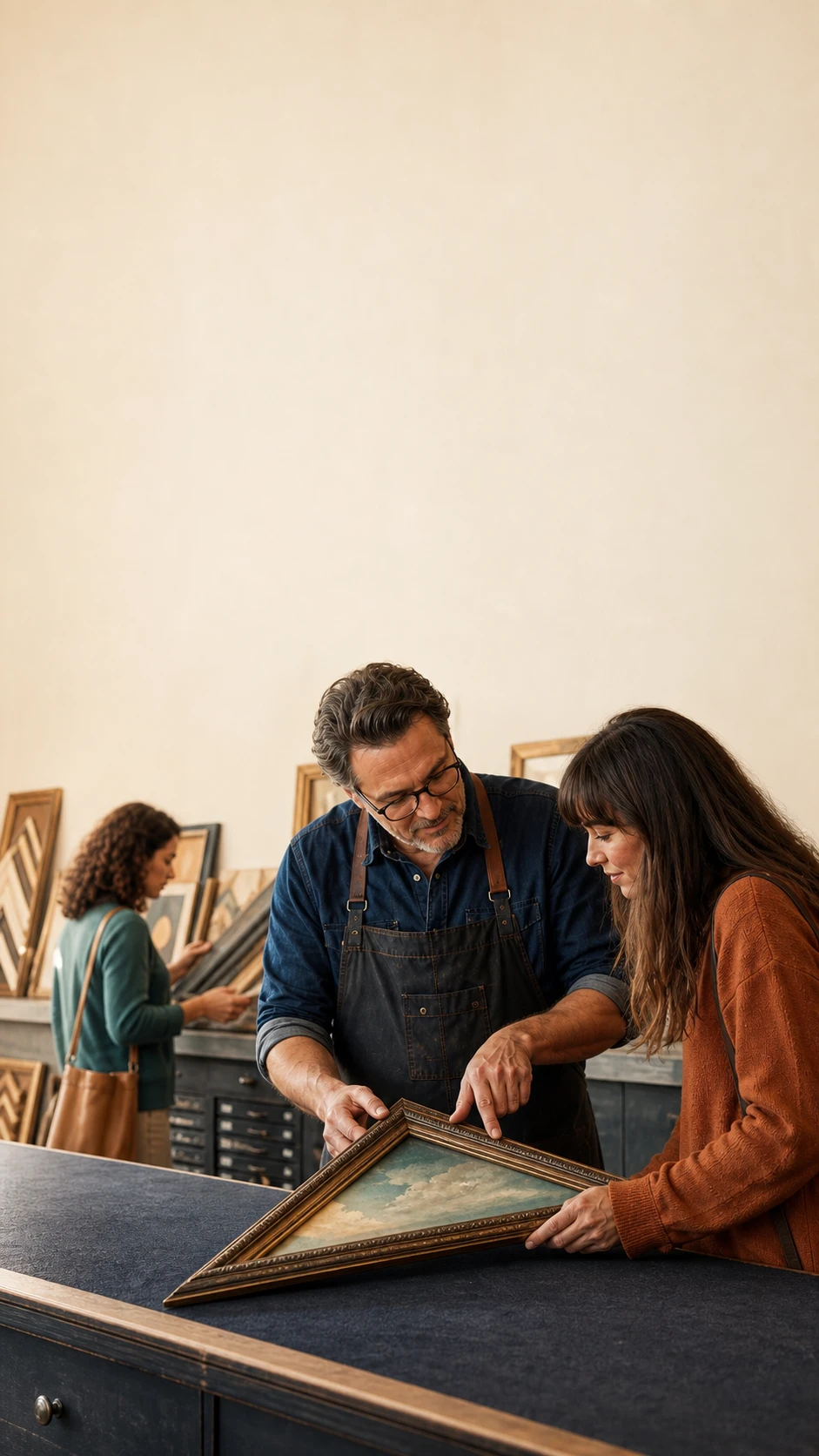 A small business owner looking up toward the custom work offer while unusual website pieces become a scoped plan