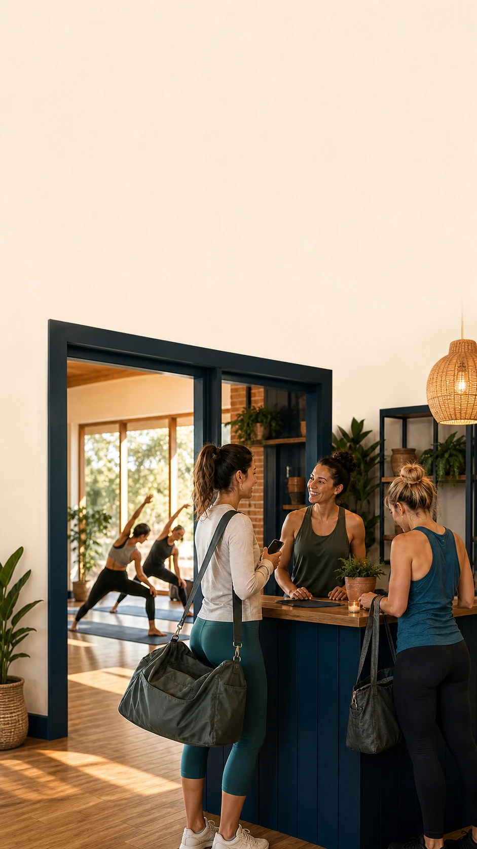 A fitness studio owner near a welcoming studio doorway with schedule and booking cues