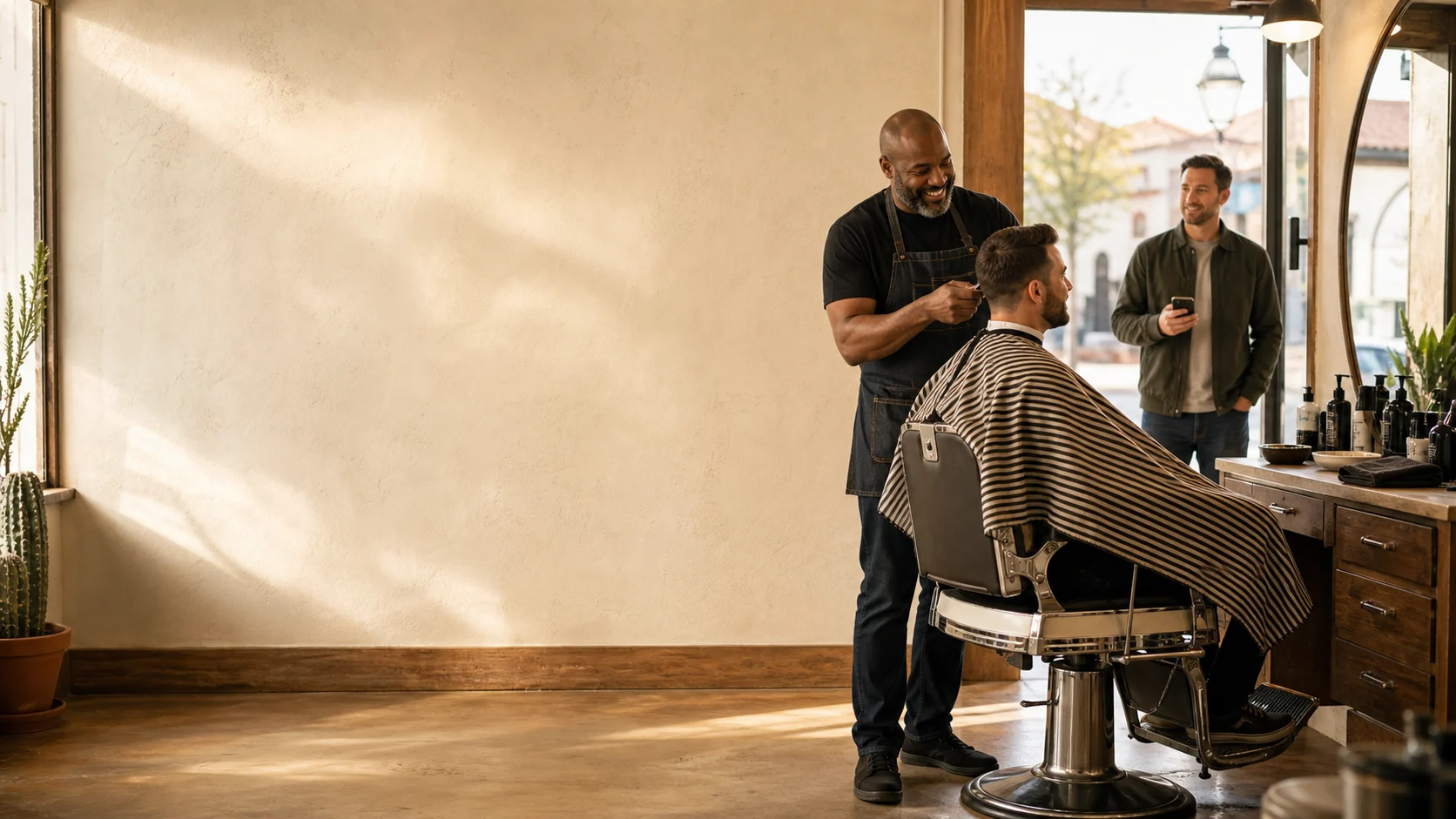 A Black neighborhood barbershop owner serving a client while another customer arrives holding a phone
