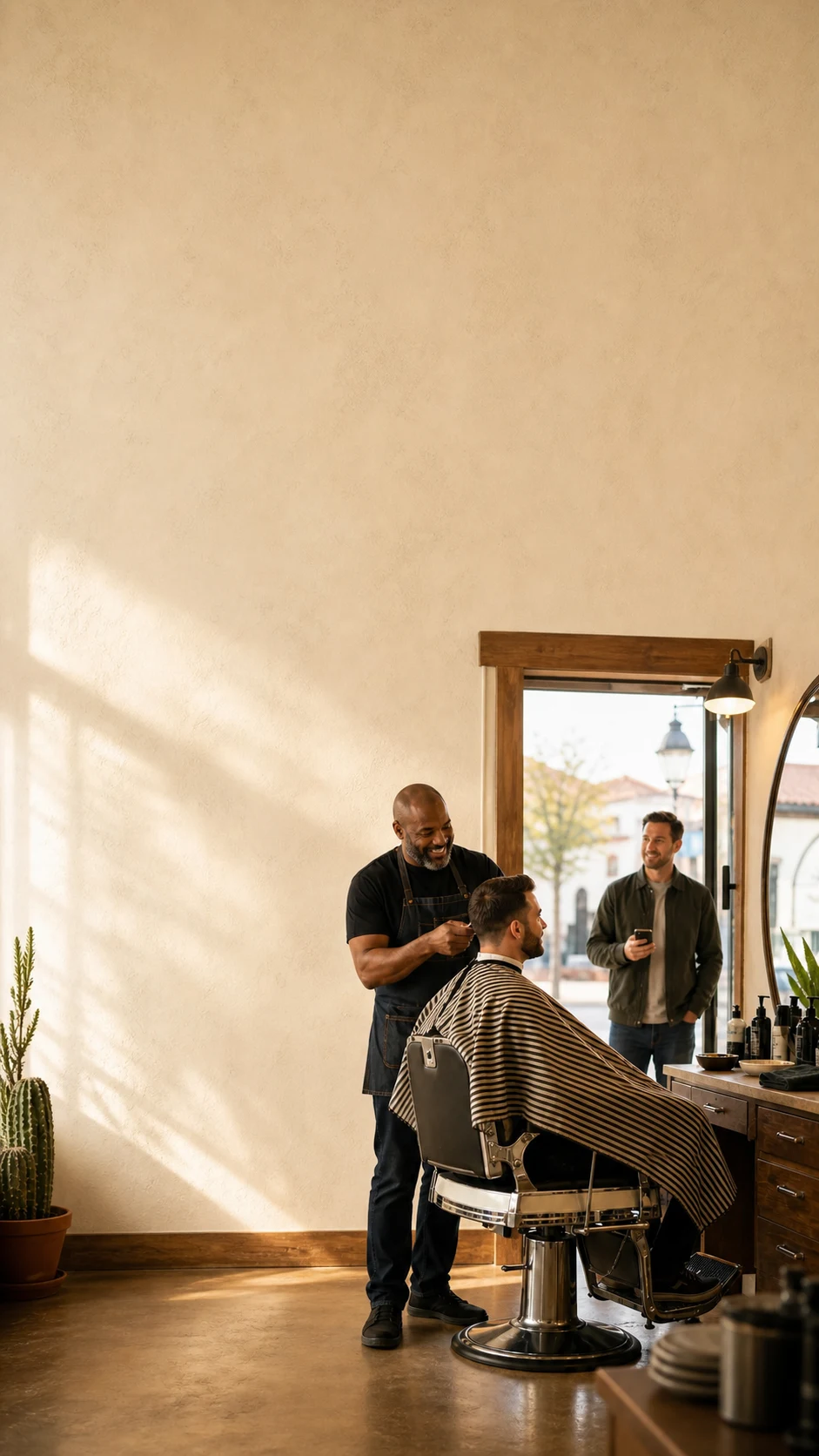 A Black neighborhood barbershop owner serving a client while another customer waits with a phone