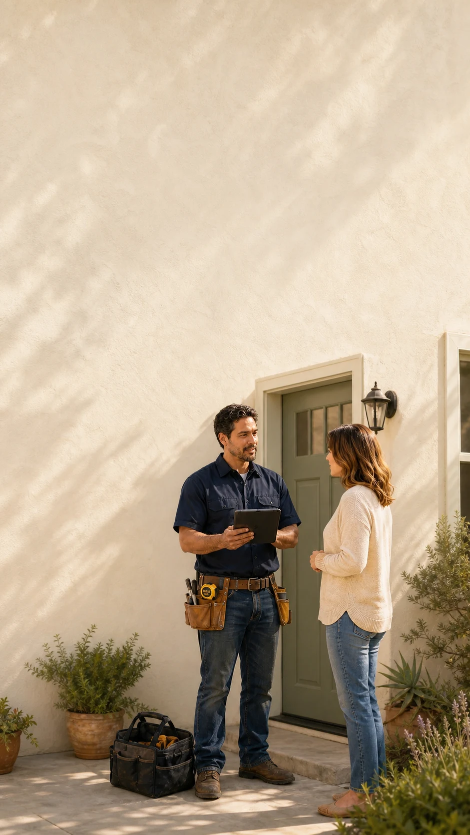 A contractor talks with a homeowner while holding a tablet outside a home