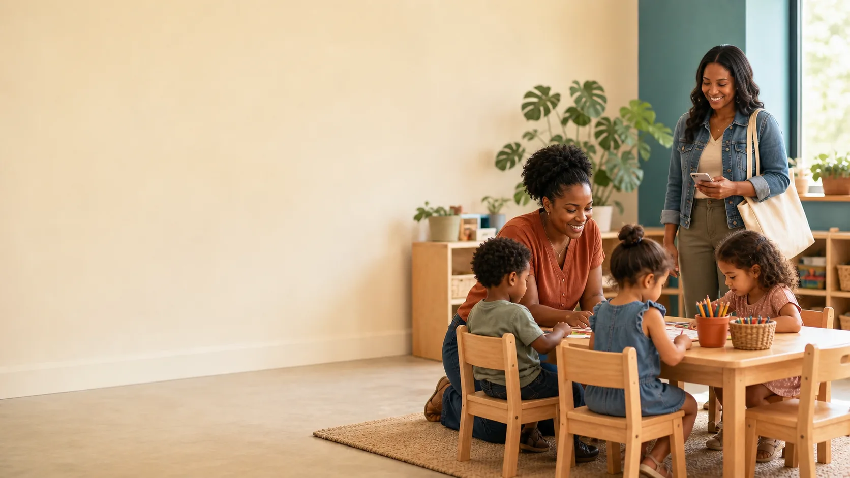 Preschool teacher helping children at an activity table while a parent looks on