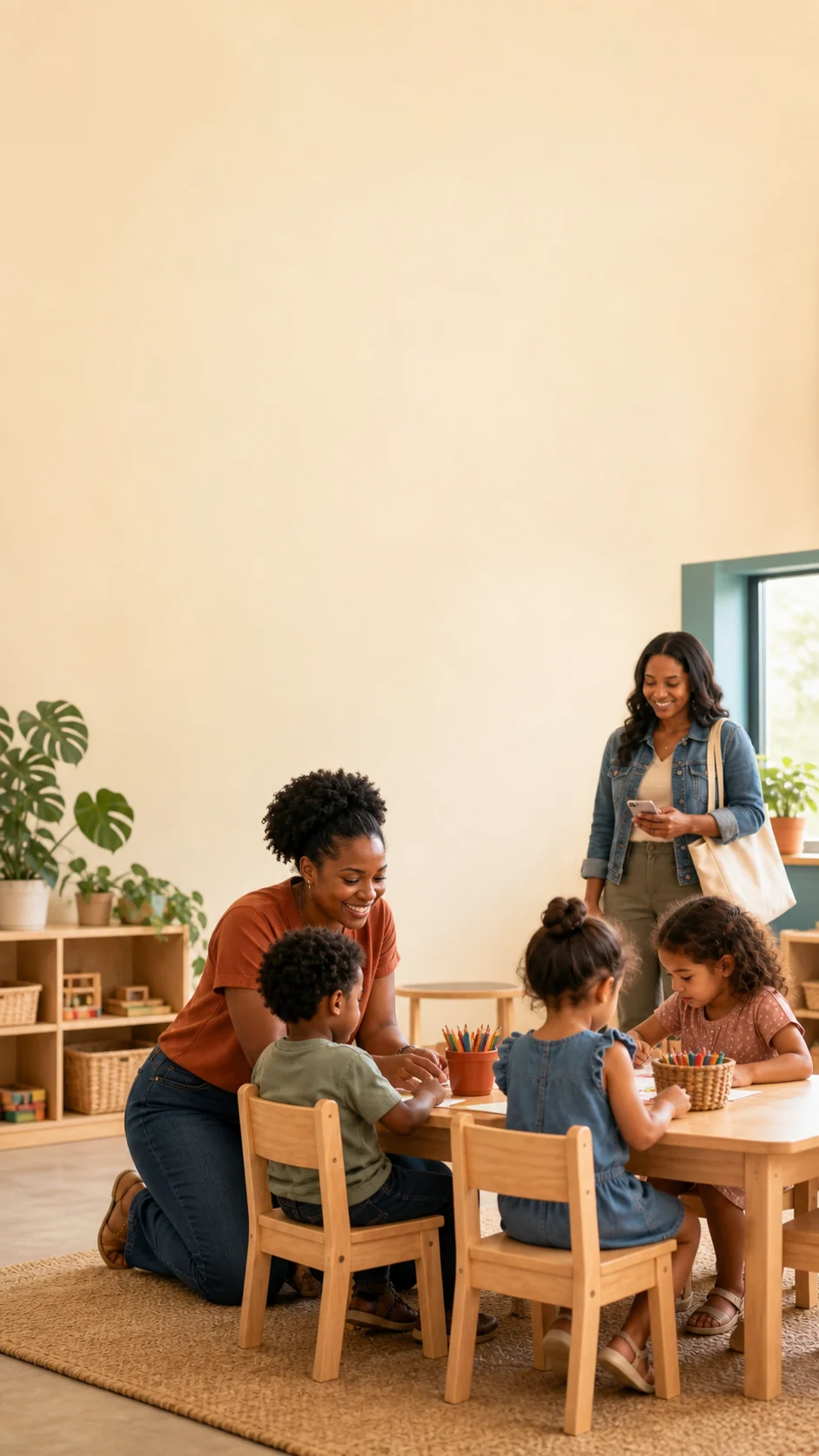 Preschool teacher interacting with children in a warm classroom scene