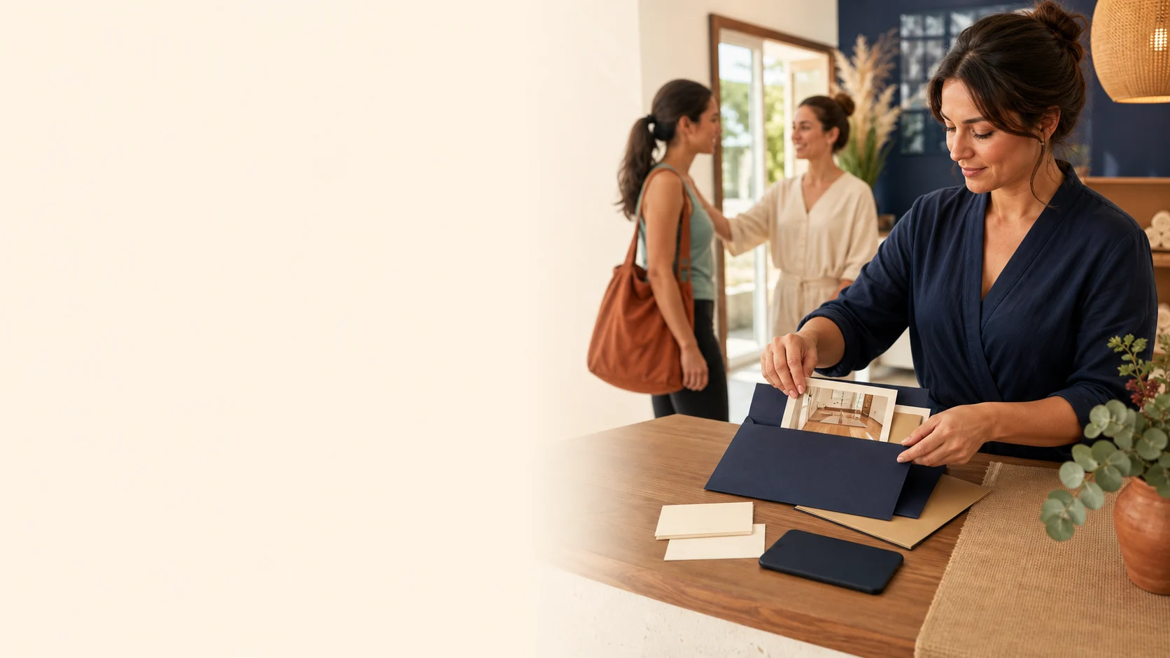 A business owner reviewing website notes, files, and launch steps