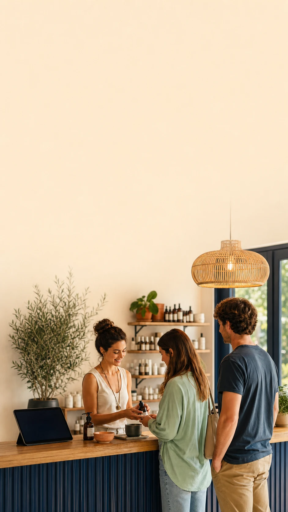 A local shop owner helping customers at the counter