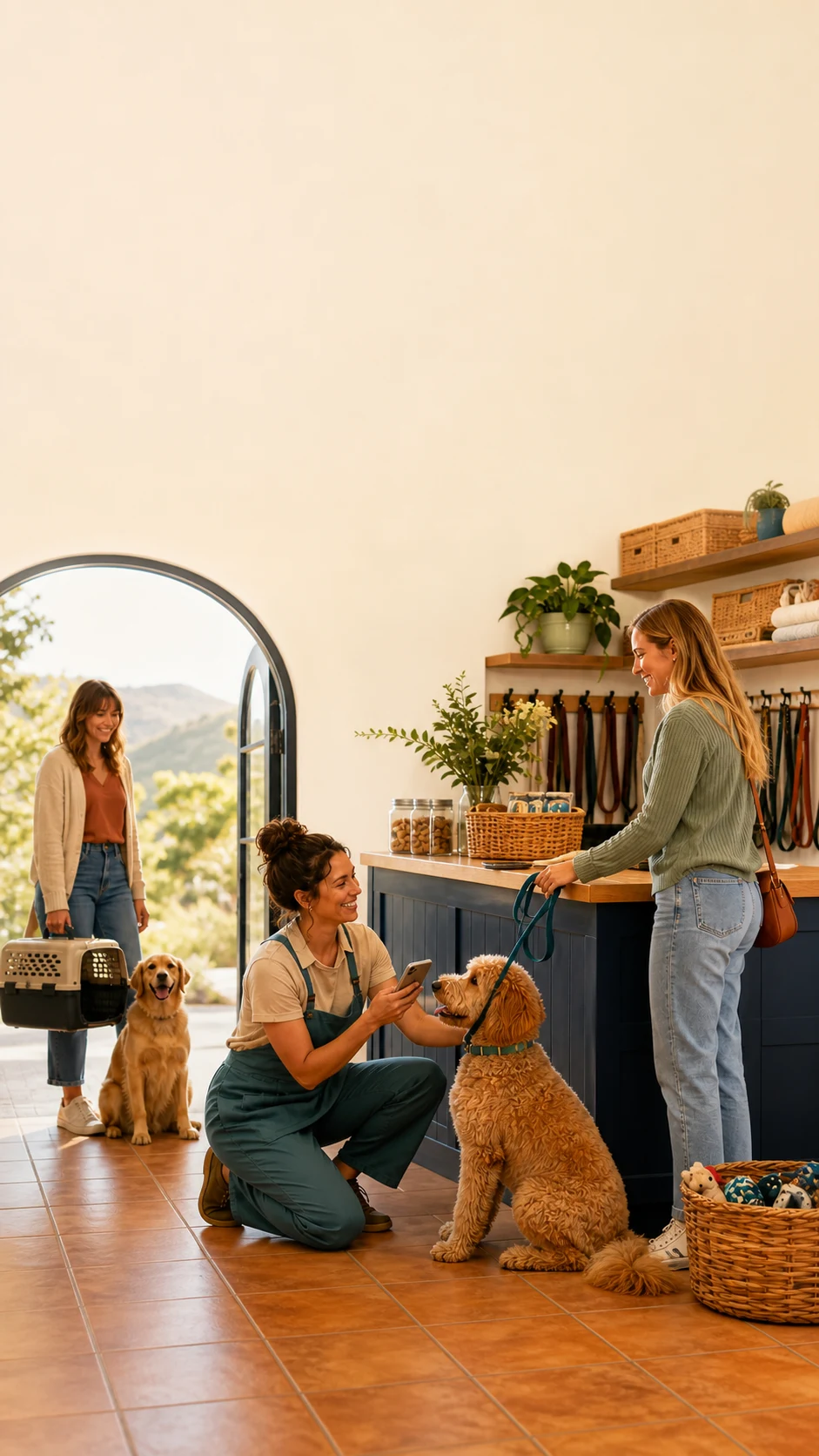 A pet care worker and relaxed dog in a pet care check-in area