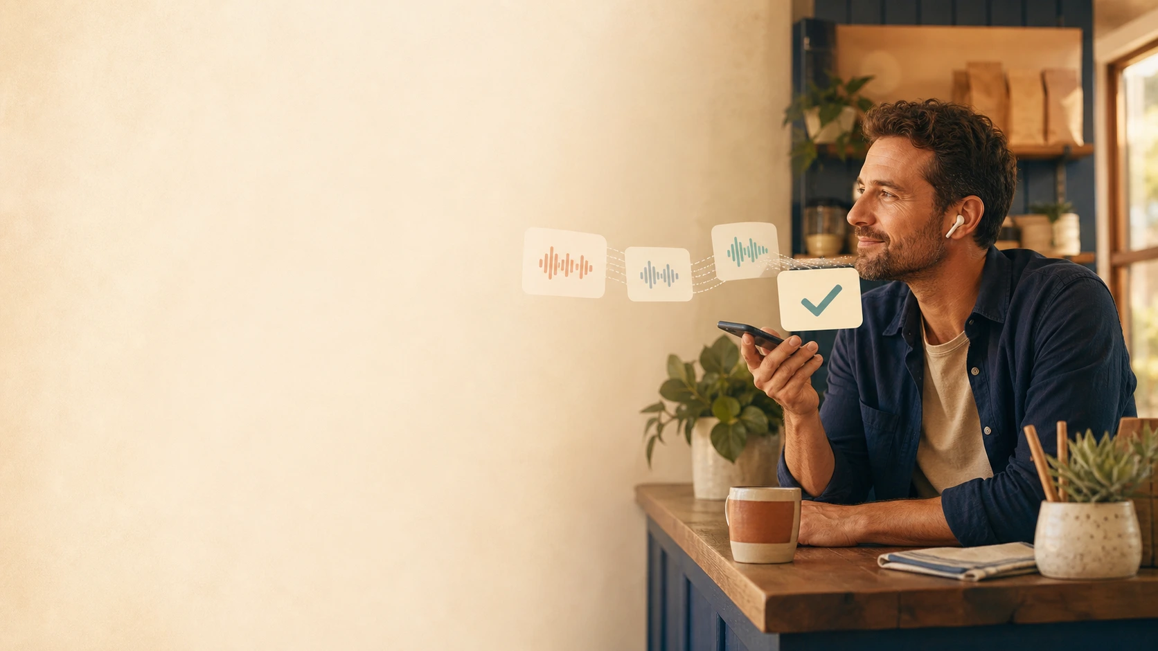 A local business owner listening to a short website tip with clear next-step cards