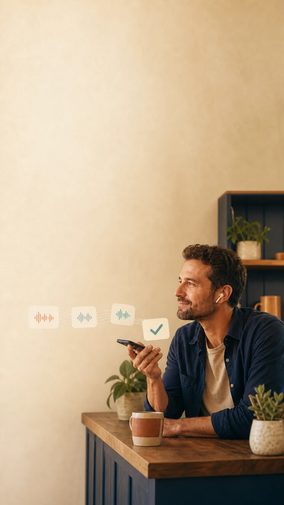 A local business owner looking up while listening to a short website tip