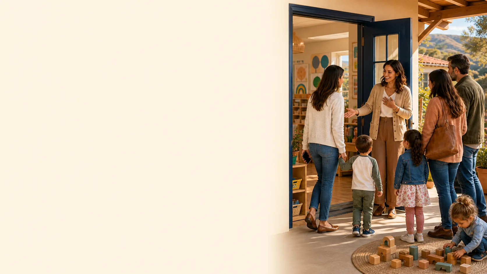 A childcare program director by a preschool doorway with icons for ages, hours, and tour requests