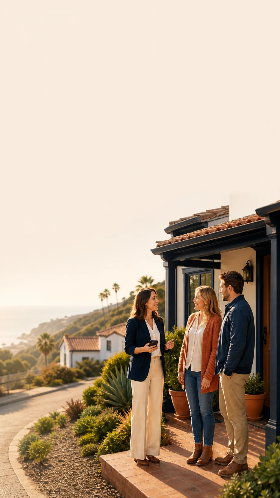A local real estate agent consulting with a couple outside a warm coastal home