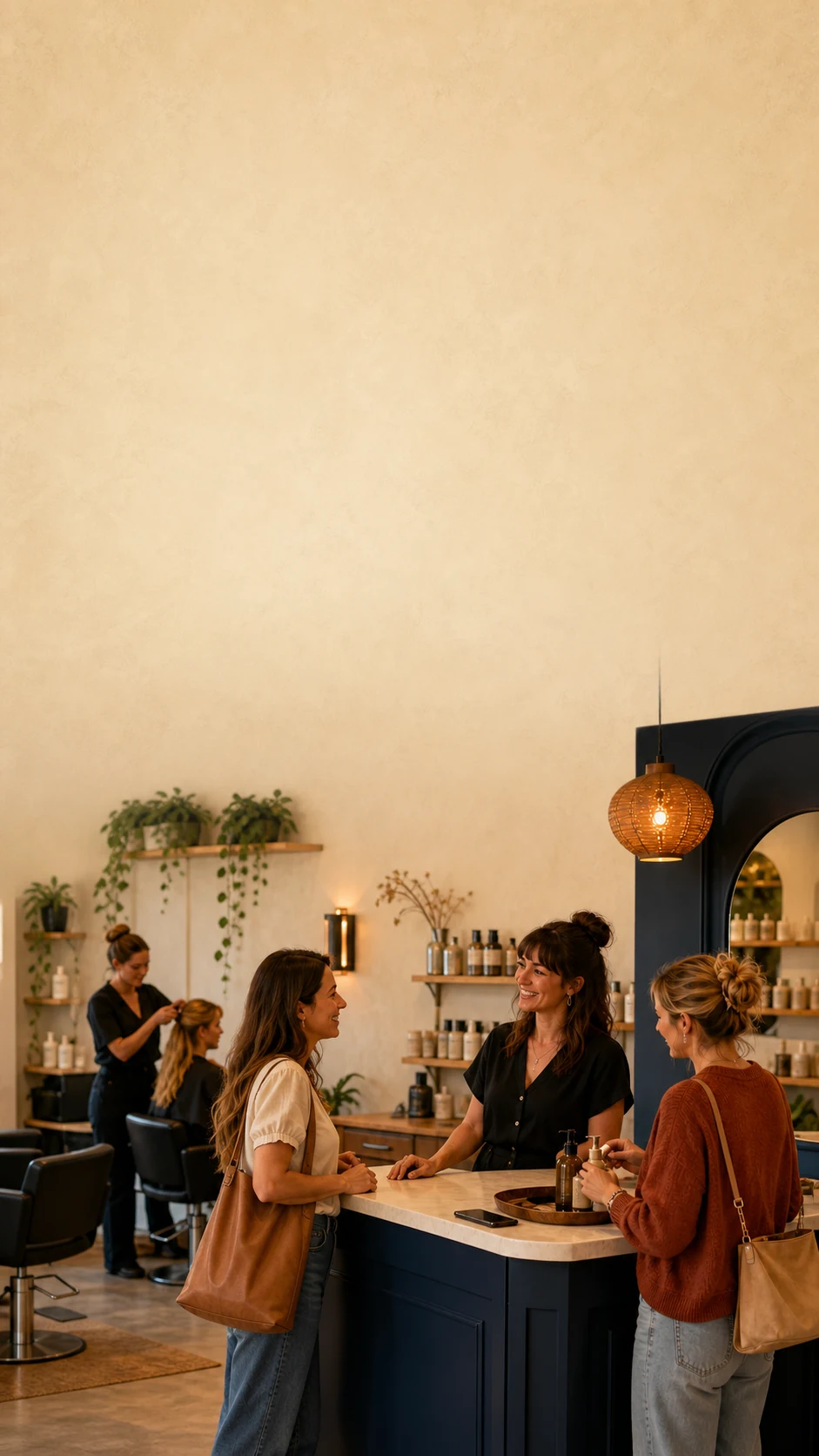 A warm salon reception where the owner greets a newly arrived client while appointments continue nearby