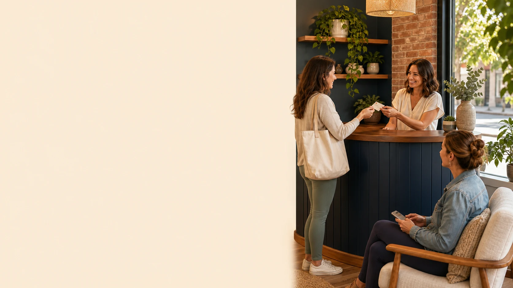 Customer and business owner talking at the counter of a small local business