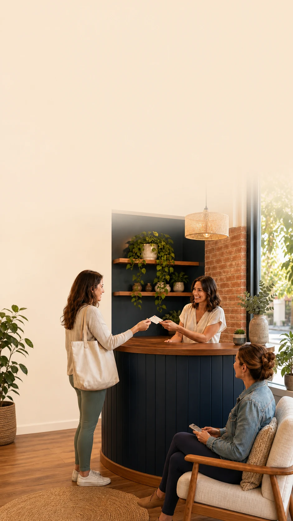 Customer and business owner talking at a small local counter