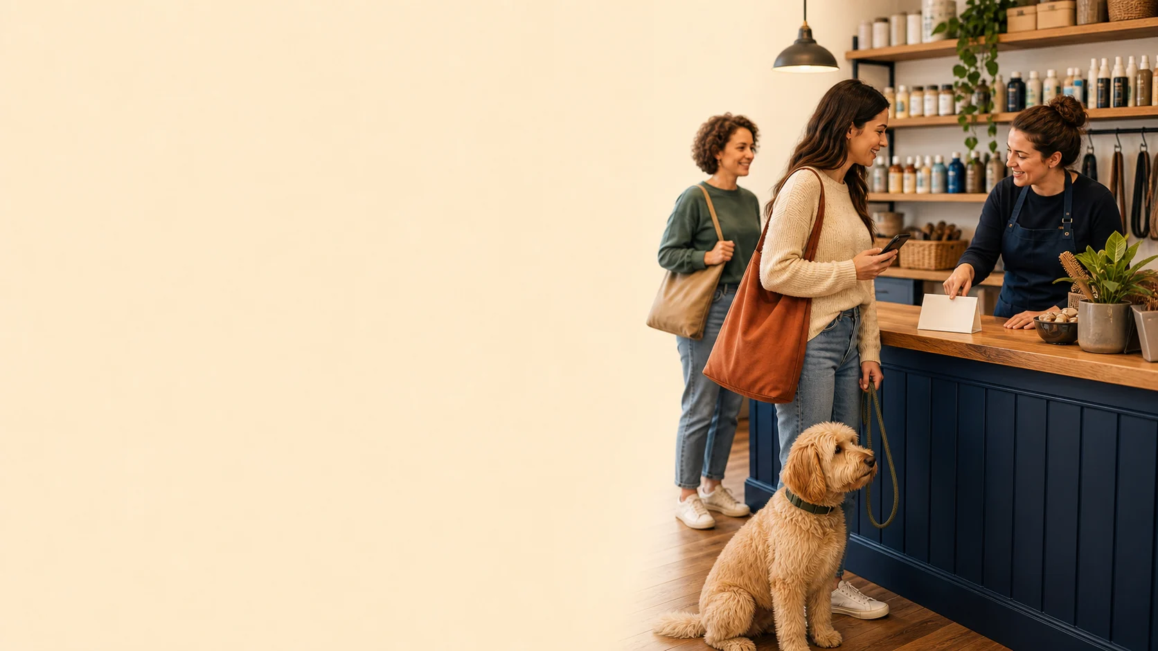 A pet shop owner talks with a customer holding a dog