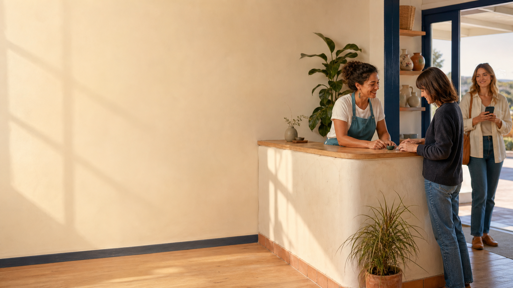 Local service business owner helping a client while another customer waits nearby