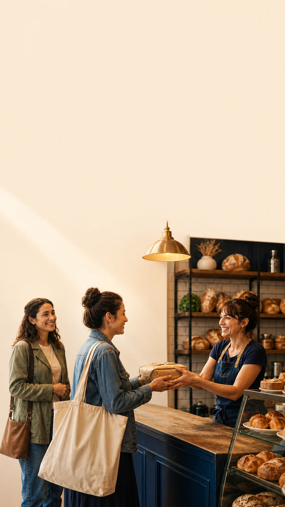 A familiar bakery customer returns for a prepared order while the owner greets them warmly