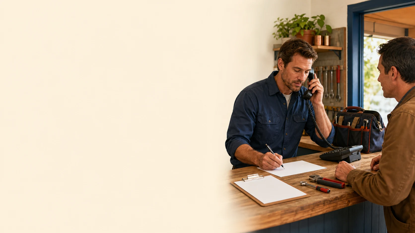 A home service owner answers a customer call while reviewing an estimate.