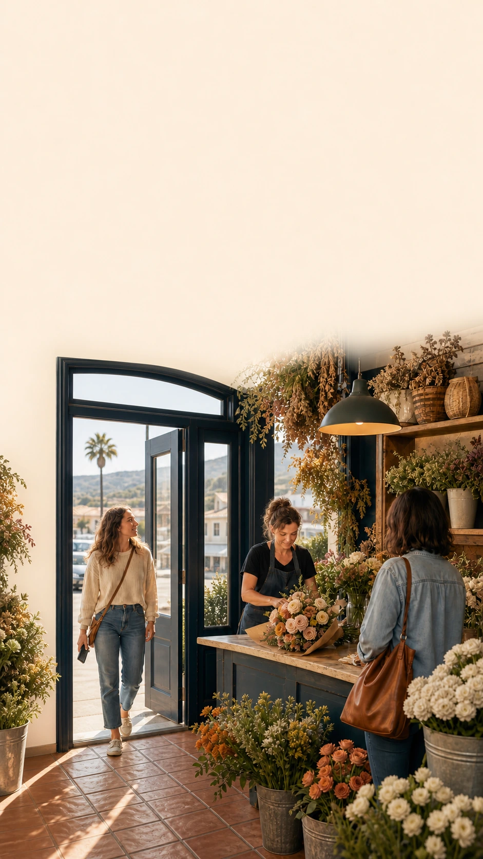 A customer with a phone walks into a local florist while the owner helps another customer