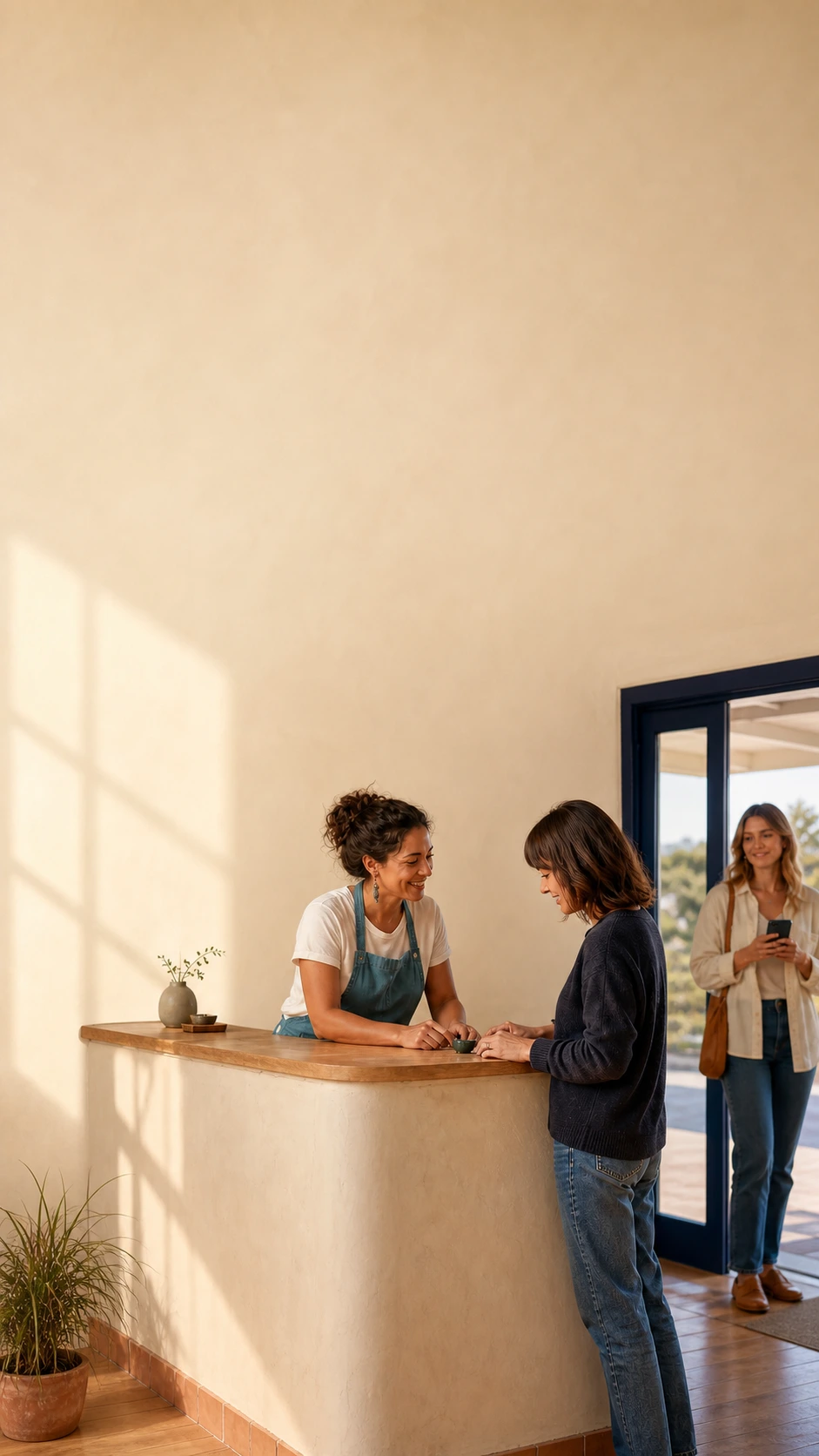Local service business owner helping a client while another customer waits nearby
