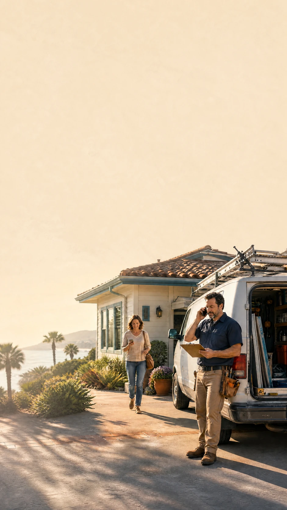 A contractor takes a booking call beside his work van while a neighbor walks up holding her phone