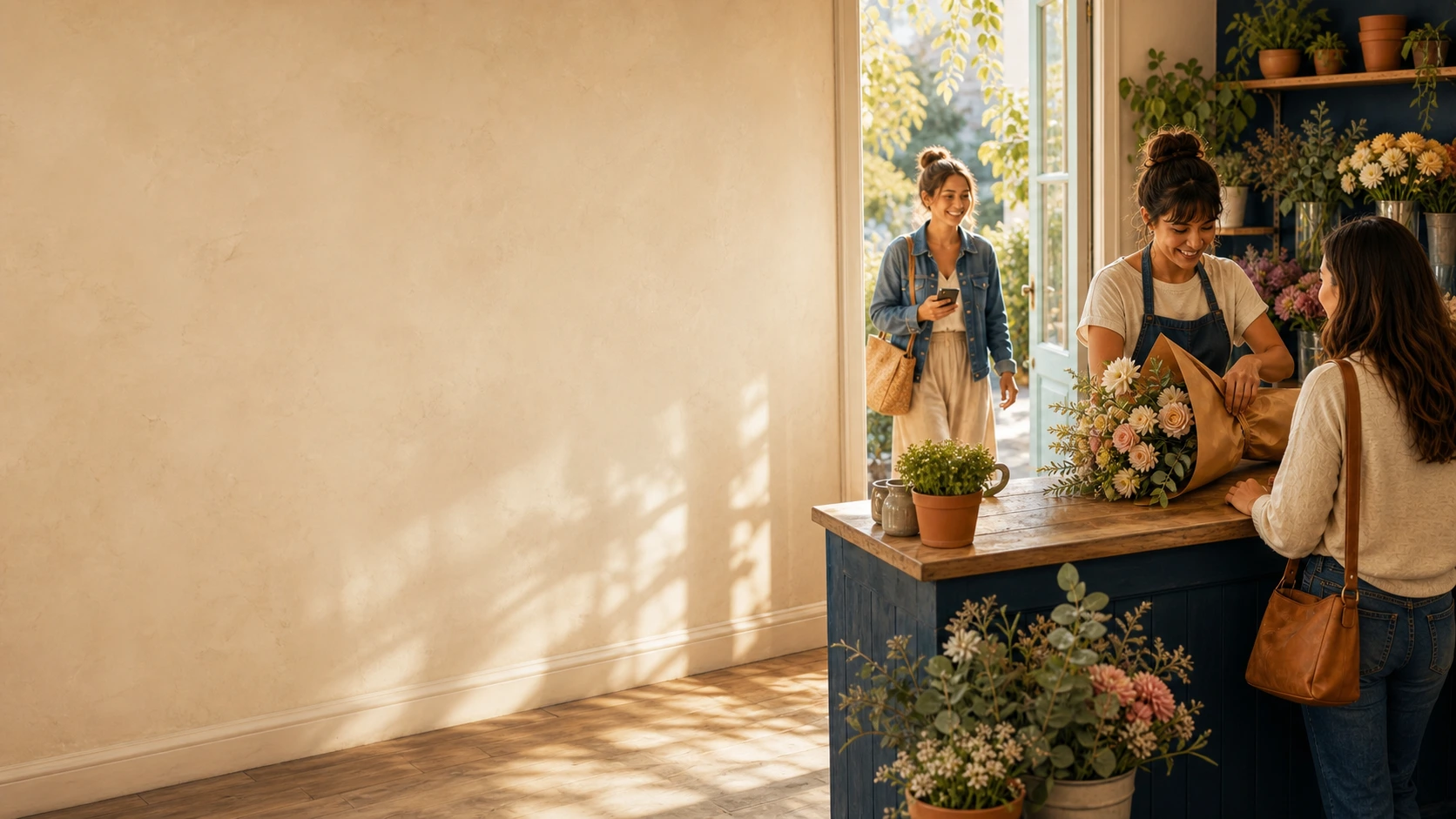Florist wrapping flowers for customers in a warm local shop