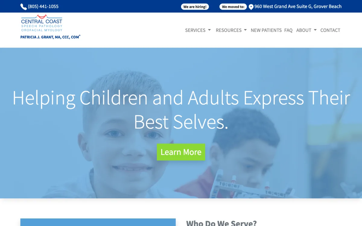 Screenshot of the Central Coast Speech Pathology & Orofacial Myology website homepage