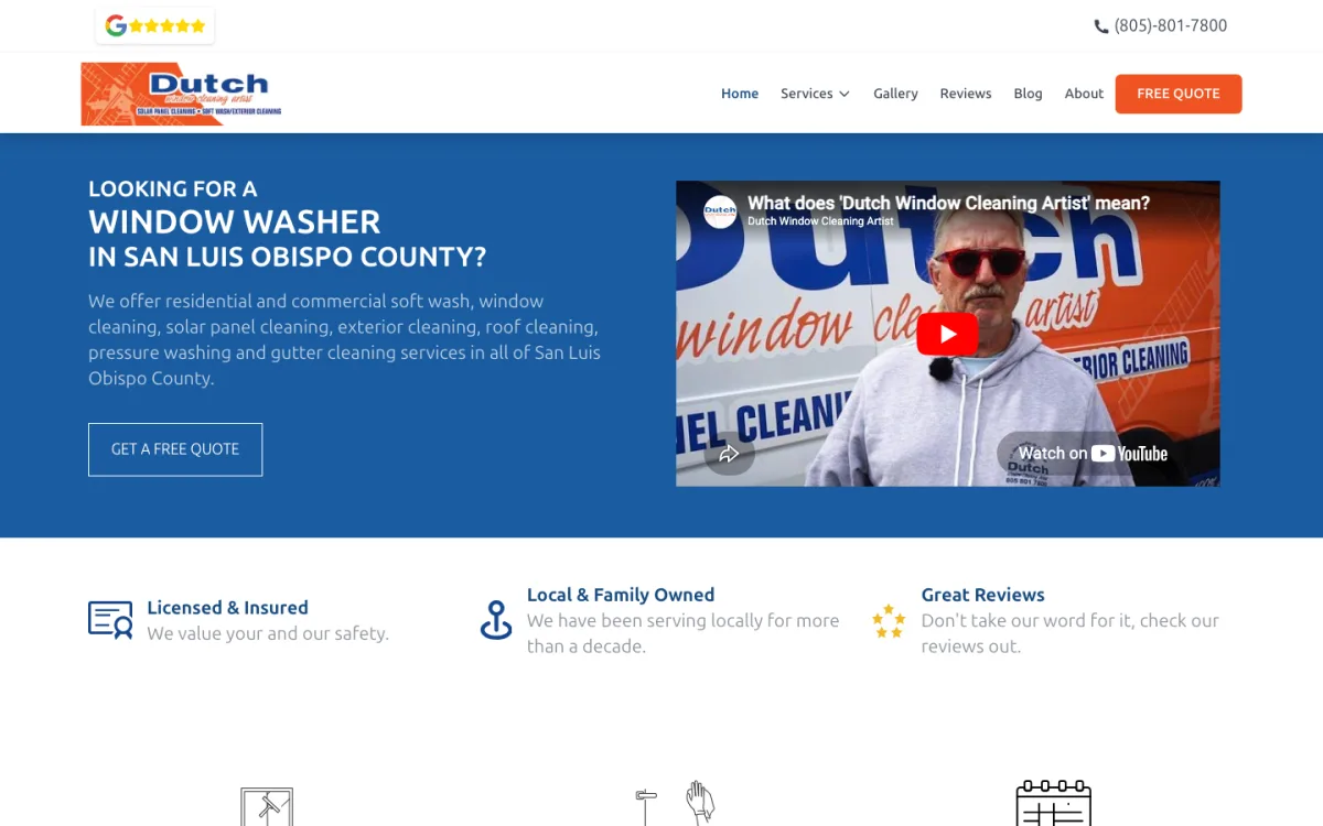 Screenshot of the Dutch Window Cleaning Artist website homepage