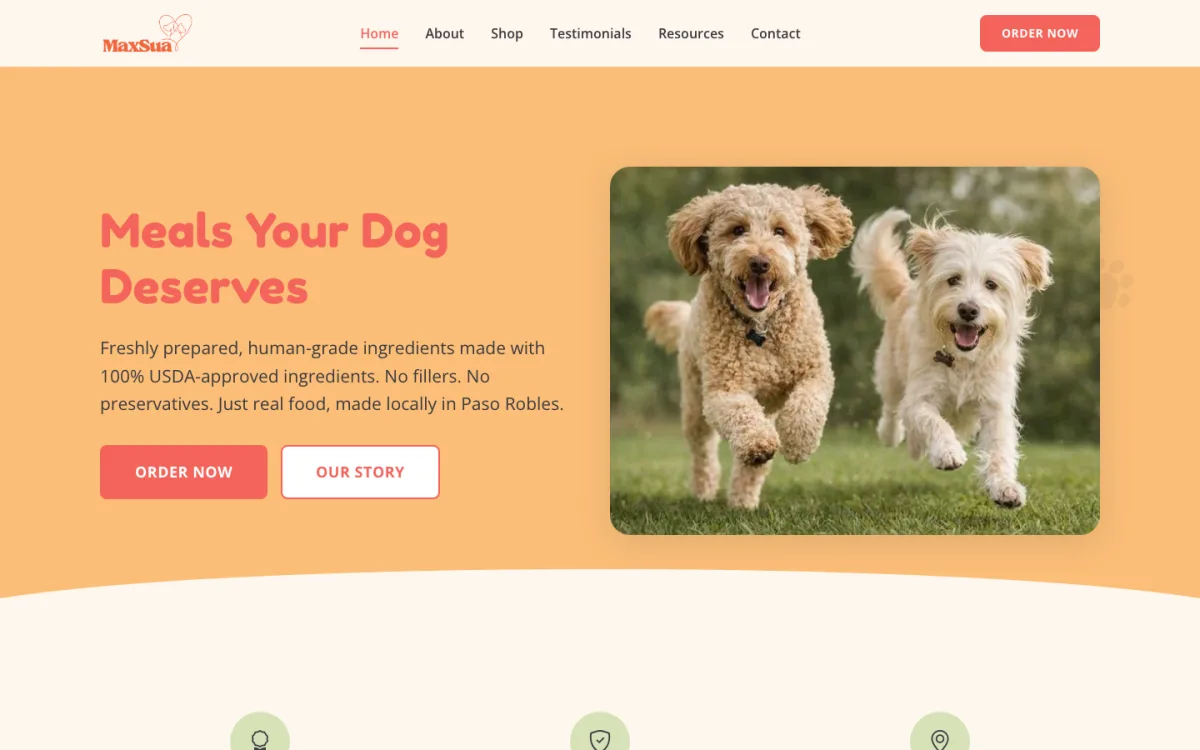 Screenshot of the MaxSua Dog Foods website homepage
