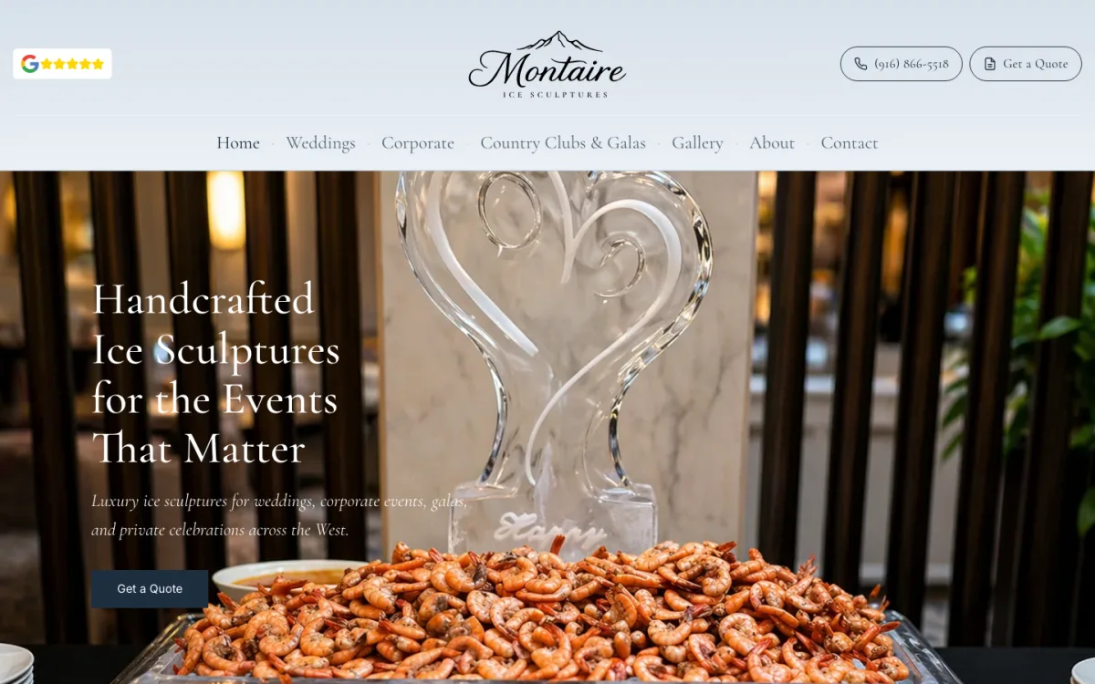 Screenshot of the Montaire Ice Sculptures website homepage
